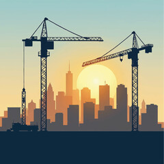 Cranes Silhouetted Against City Skyline Sunset.