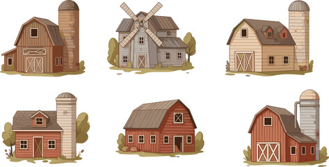 Farm buildings illustration set, rustic barns windmill silo rural agriculture houses collection countryside architecture icons isolated vintage farming design © LatifunNahar