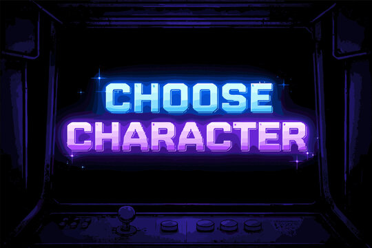 Retro arcade choose character screen with neon glow effect