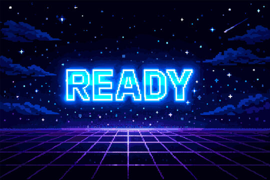 Neon "ready" sign with retro 8-bit pixel art in outer space theme