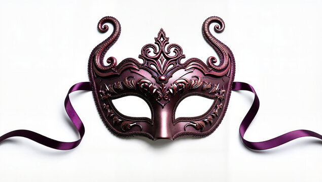 Elegant purple masquerade mask with ribbons on white background  