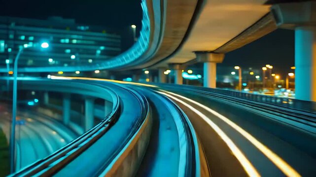 Elevated urban highways at night with curved overpasses and streaking car light trails, conveying speed, connectivity and dynamic infrastructure in a modern global metropolis