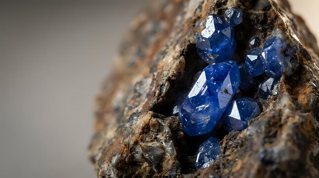 Raw blue sapphire crystals embedded in natural rock matrix showing brilliant faceted gemstone formation in earth mineral specimen for geology study.