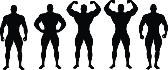 Plakat Male bodybuilding silhouette poses illustration, muscular fitness figures, strong athletic body shapes, gym training concept, isolated black vector art design