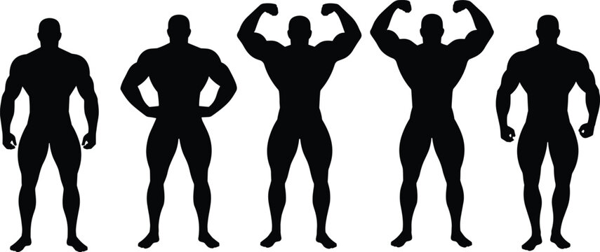 Male bodybuilding silhouette poses illustration, muscular fitness figures, strong athletic body shapes, gym training concept, isolated black vector art design