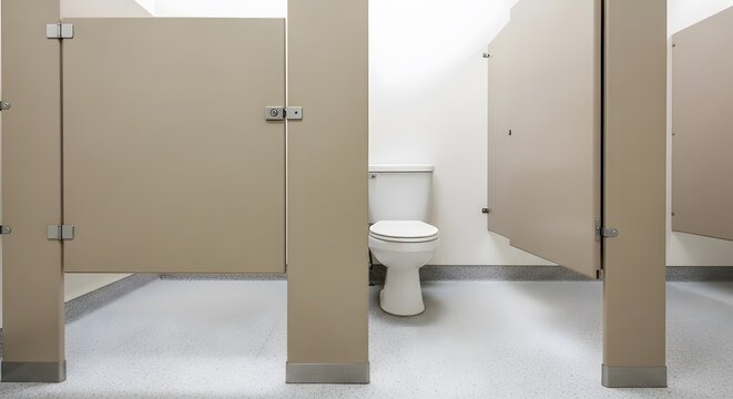 Empty and clean public restroom with modern white toilet and beige privacy partitions