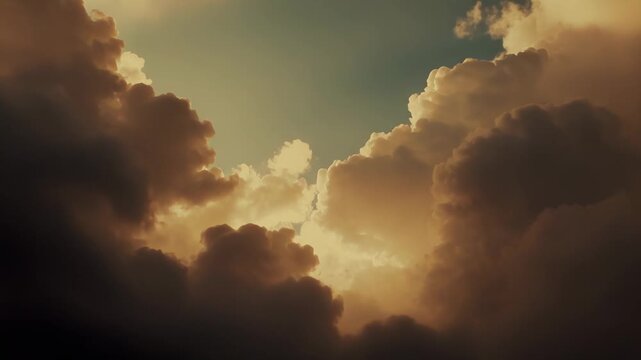 Golden light pours through dramatic cumulus clouds, creating an ethereal skyscape that evokes warmth, freedom, hope and peaceful, spiritual tranquility over the horizon