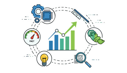 Fototapeta premium Business growth and technology development concept with various icons illustrating progress, innovation, and analysis.