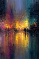 Obraz premium Abstract Cityscape Painting with Vibrant Reflections, Modern Art for Creative Backgrounds and Designs