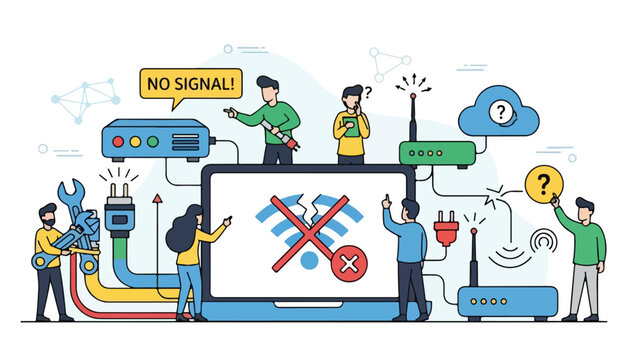 People troubleshooting internet connection problems and network issues with various devices.
