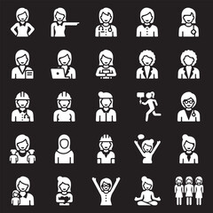 Fototapeta premium Women Avatars and Professions Icon Set. Vector white glyph silhouettes of female characters, doctors, engineers, mothers, and diverse roles on black background.