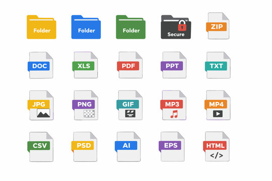 File format and folder icons set including DOC, XLS, PDF, JPG, PNG, MP3, MP4, HTML and more. Colorful document type symbols isolated on white.