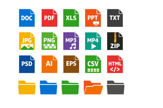 Colorful flat file format icons set including DOC, PDF, XLS, PPT, JPG, PNG, MP3, MP4, ZIP, PSD, AI, EPS, CSV, HTML and folder icons isolated on white background.