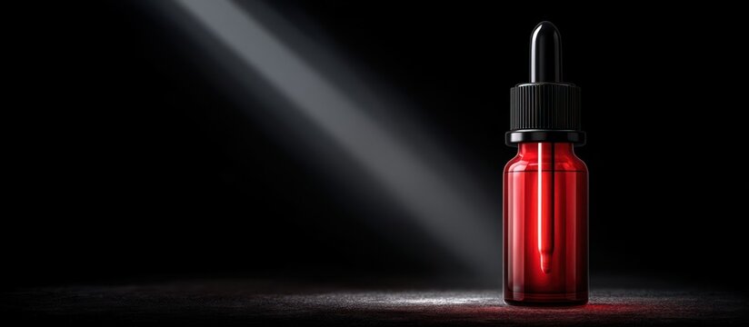 Red dropper bottle with light beam on black background.