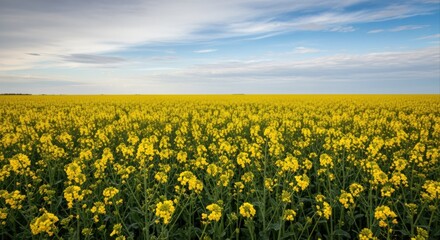 Fototapeta premium Vibrant Yellow Canola Field Under a Blue Sky on a Sunny Day, Perfect for Agriculture