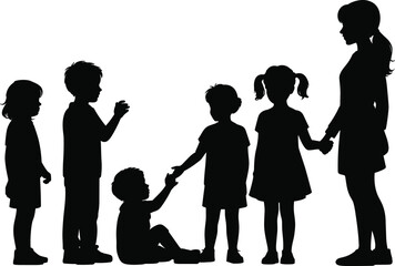 Mother with children silhouettes together, family care concept, parenting love support childhood bonding happiness people relationship illustration isolated set