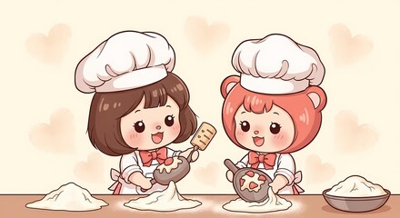 Cute Chibi Girl and Bear Chef Baking Bread in Pastel Kawaii Style
