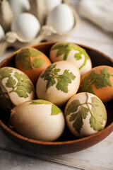 DIY Easter eggs with natural leaves, creating patterns on eggs using plants. Eco friendly colouring easter eggs