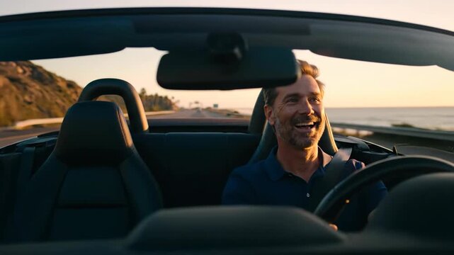 Happy man driving a convertible car along the coast at sunset. Joyful male laughing during a scenic road trip. Freedom and luxury lifestyle concept