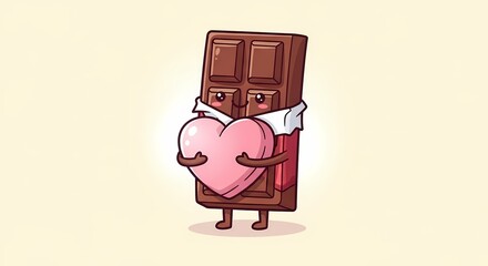 Cute Kawaii Chocolate Bar Character Holding Pink Heart Vector Illustration