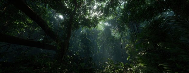 Fototapeta premium Lush Tropical Rainforest Canopy with Sunbeams Filtering Through Verdant Foliage, Creating a Serene Natural Ambiance