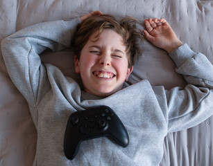 Happy 10 Year Old Boy Lying on Back Laughing with Game Controller on Chest © Virsis