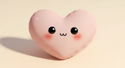 Kawaii 3D Pink Heart Character with Cute Blushing Face and Sparkles