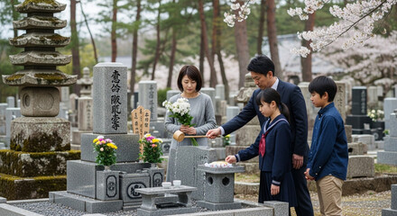 Family paying respects at a gravesite during cherry blossom season