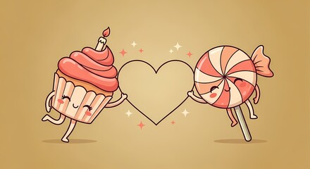 Kawaii Cupcake and Lollipop Characters Holding Heart Frame Illustration