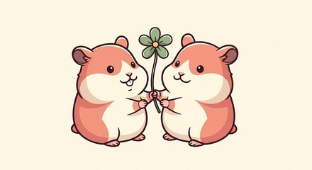 Cute Kawaii Hamsters Holding a Four Leaf Clover Minimalist Illustration