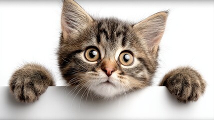 Fototapeta premium Adorable Tabby Kitten Peeking Over Edge with Curious Expression, Isolated on White Background