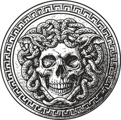 Fototapeta premium Skull with medusa snake hair in circular greek key frame, vintage mythology design