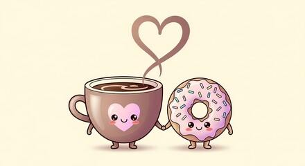 Kawaii Coffee Cup and Glazed Donut Holding Hands with Heart Steam