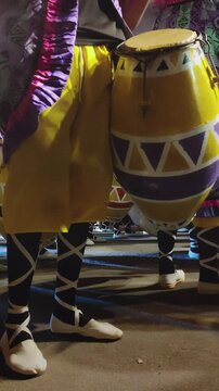 Montevideo, February 7 2026: Candombe percussion drummers in the street during the famous desfile de llamadas carnival parade celebration in Montevideo city, Uruguay.