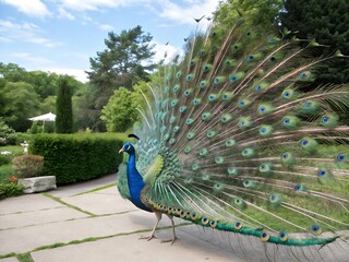 Obraz premium A majestic peacock displays its vibrant, iridescent tail feathers in a lush garden setting.
