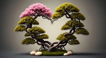 Heart-Shaped Intertwined Bonsai Trees with Pink Blossoms and Zen Stones