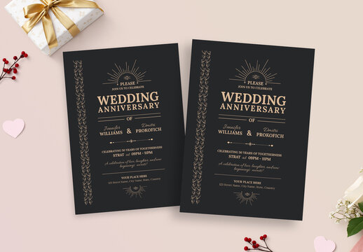 Elegant Black and Gold Wedding Anniversary Invitation Card Design Layout
