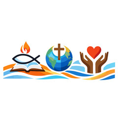 Obraz premium Christian faith concept illustration featuring open Bible with ichthys and flame, globe with cross, and caring hands holding heart above flowing waves on light background.