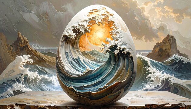 Dragon egg with ocean waves and sunset glow fantasy surreal landscape art
