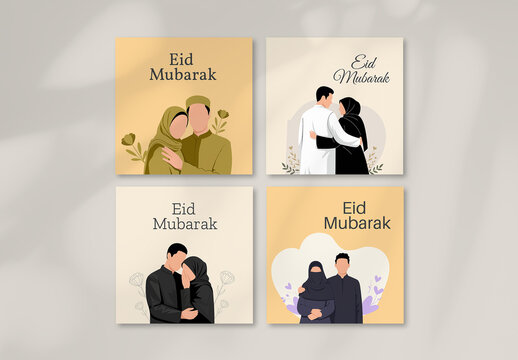 Minimal Eid Mubarak Couple Illustration Set for Islamic Greeting Social Media Post