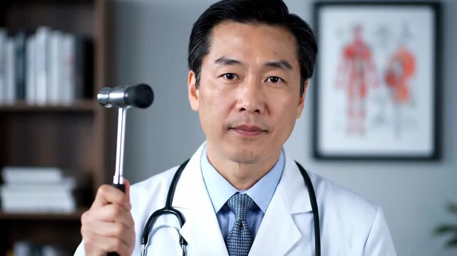 Asian male doctor holding a neurological reflex hammer. Professional physician in a medical office ready for examination. Healthcare and diagnostics concept