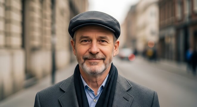 A smiling middle-aged man wearing a flat cap and coat stands on a city street
