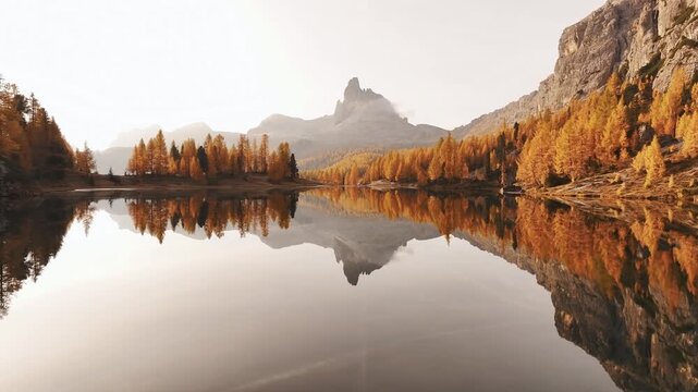 Reflections is in water. Lake Federa near the Croda da Lago mountain at autumn time, majestic landscape, raw nature.