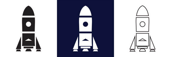 Space icon. Minimal Rocket Icons in Three Visual Styles. Simple rocket illustrations in solid, inverted and outline versions, representing startup launch, innovation and modern branding concepts. © KD Vector Studio