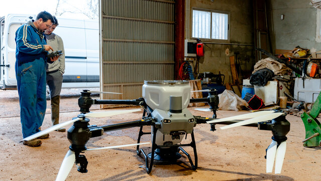 Agricultural drone setup inside farm warehouse