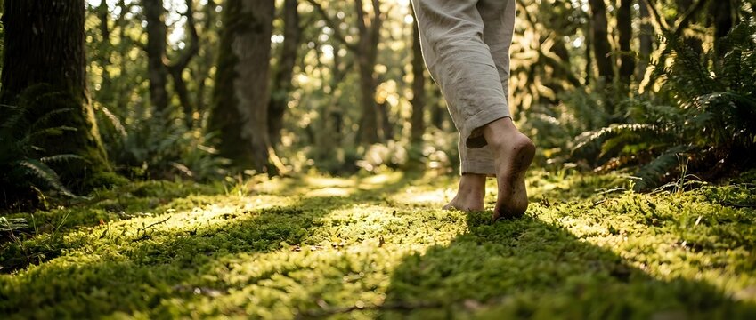 Person walking barefoot on moss-covered forest floor with sunlight filtering through trees creating peaceful nature scene for wellness and mindfulness concepts.