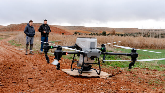 Agricultural drone takeoff in wheat field