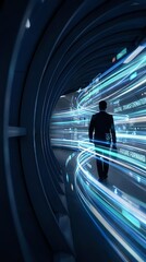 Fototapeta premium Businessman walking through futuristic digital tunnel with glowing data streams and technology interface elements for business innovation concepts.