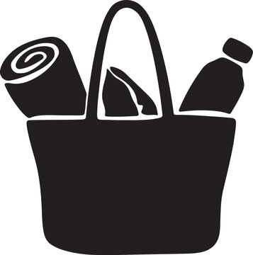 Beach bag vector illustration with towel, sunscreen, and water bottle inside