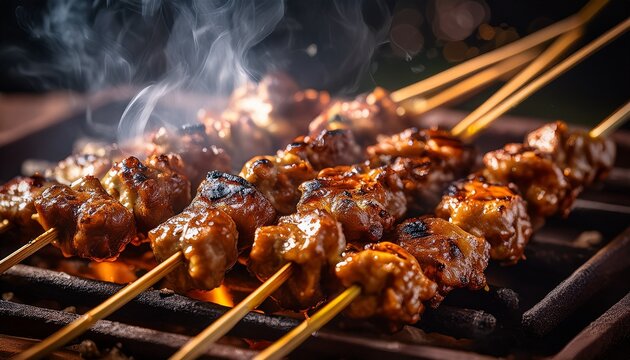 a close up of sizzling sate skewers being grilled over an open flame with smoke rising and golden brown caramelization forming on the meat
